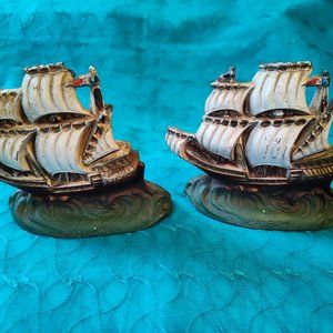 Vintage Pair of Hand Painted Nautical Metal Bookends - Signed Mayflower - VGC